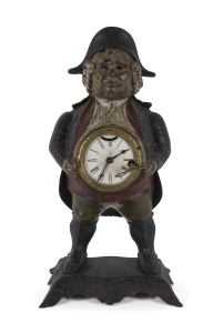 BRADLEY & HUBBARD American John Bull novelty mantel clock with moving eyes, painted cast iron, circa 1850s, ​43cm high