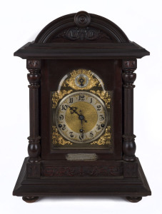 WW1 GALLIPOLI INTEREST. An English bracket clock, quarter hour chime and strike in fine timber case. Silver plaque reads "In Remembrance Of Stg. W.J. MORRICE Killed At Gallipoli April 26th 1915", 47cm high