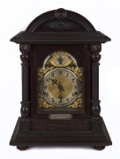 WW1 GALLIPOLI INTEREST. An English bracket clock, quarter hour chime and strike in fine timber case. Silver plaque reads "In Remembrance Of Stg. W.J. MORRICE Killed At Gallipoli April 26th 1915", 47cm high