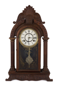 WATERBURY CLOCK Co. rare shelf model clock with pressed timber case and columns, late 19th century, ​59.5cm high PROVENANCE The Tudor House Clock Museum, Yarrawonga