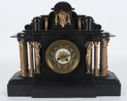 A French mantel clock, black slate case with gilded and figural columns, 19th century, ​41cm high PROVENANCE The Tudor House Clock Museum, Yarrawonga