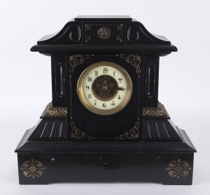 A French mantel clock with visual escapement in Belgium black slate case, late 19th century, 46cm high PROVENANCE The Tudor House Clock Museum, Yarrawonga