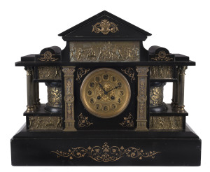 A French mantel clock in Belgium black slate case with ornate gilt metal mounts, 19th century, ​40cm high PROVENANCE The Tudor House Clock Museum, Yarrawonga