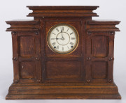 SETH THOMAS American shelf clock in unusual architectural oak case, late 19th century, ​47cm high PROVENANCE The Tudor House Clock Museum, Yarrawonga