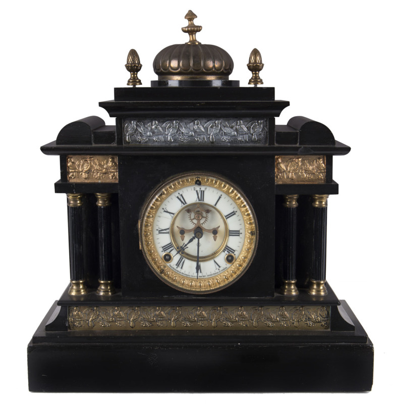 ANSONIA American shelf clock, 8 day time and strike movement with open escapement in ornate black slate case with gilt metal mounts, late 19th century, 41cm high PROVENANCE The Tudor House Clock Museum, Yarrawonga