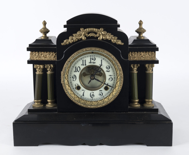 NEWHAVEN CLOCK Co. American shelf clock with open escapement in black metal case with gilt metal mounts, 19th century, ​31cm high PROVENANCE The Tudor House Clock Museum, Yarrawonga