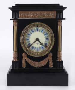 ANSONIA American shelf clock, 8 day time and strike with blue enamel Roman numerals and black metal case, late 19th century, ​32.5cm high PROVENANCE The Tudor House Clock Museum, Yarrawonga