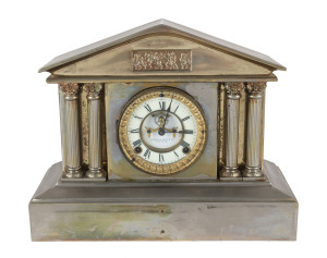 ANSONIA American shelf clock, 8 day time and strike movement with open escapement in rare nickel plated case with gilded highlights, early 20th century, ​31cm high PROVENANCE The Tudor House Clock Museum, Yarrawonga