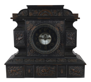 NEW HAVEN CLOCK Co. No.26 shelf clock with 8 day time and strike on cathedral gong with visual escapement, ornate cast metal case decorated birds and animals, 19th century, rare. 34.5cm high PROVENANCE The Tudor House Clock Museum, Yarrawonga