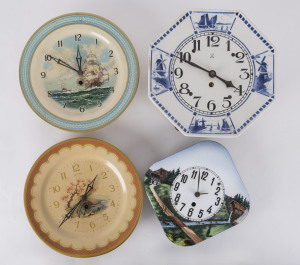 Four plate faced wall clocks, two tin examples by SMITHS and an enamel and a porcelain example, both made in Germany, early 20th century, ​the Smiths clocks 24cm diameter PROVENANCE The Tudor House Clock Museum, Yarrawonga