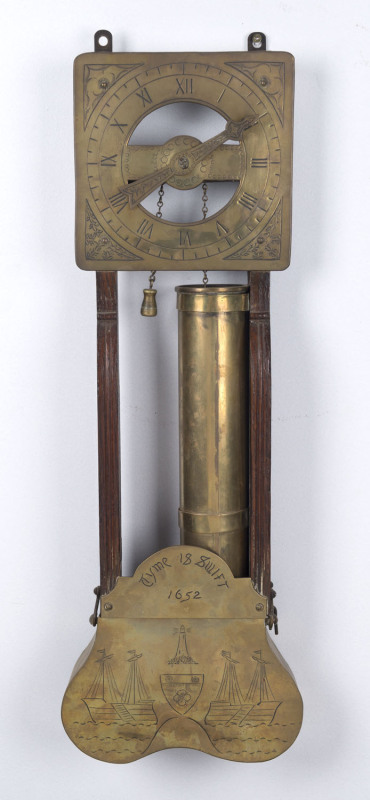 Water clock engraved "Tyme Is Swift, 1652", oak and brass, 19th century, 66cm high PROVENANCE The Tudor House Clock Museum, Yarrawonga