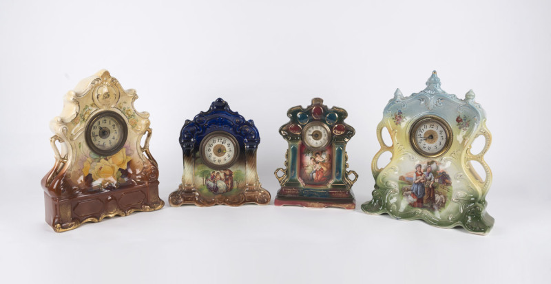 Four porcelain cased mantel clocks, early 20th century, ​the largest 36cm high PROVENANCE The Tudor House Clock Museum, Yarrawonga