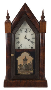 American steeple clock with 8 day movement, original dial and tablet, in flame mahogany case, circa 1860, ​52cm high PROVENANCE The Tudor House Clock Museum, Yarrawonga