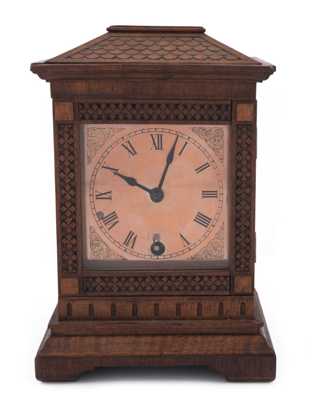 LENZKIRCH German mantel clock, 8 day movement with engraved copper dial, late 19th century, ​25cm high