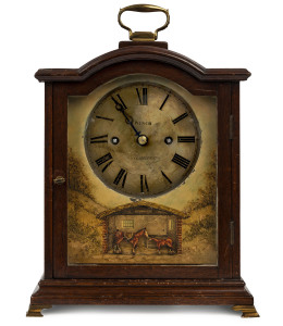 English automaton fusee bracket clock with prancing horses, walnut and brass case with hand-painted face, circa 1840, 37cm high PROVENANCE The Tudor House Clock Museum, Yarrawonga