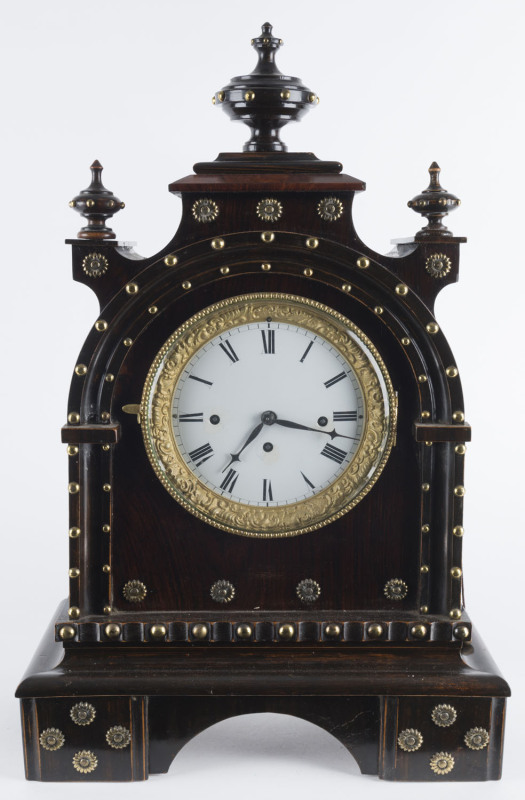 Viennese Grande Sonnerie mantel clock with enamel dial and timber case with brass studding, circa 1810, 47cm high PROVENANCE The Tudor House Clock Museum, Yarrawonga