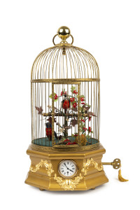 French singing birdcage timepiece with two birds, 19th century, ​full whistle, setting for intermittent. 50cm high PROVENANCE The Tudor House Clock Museum, Yarrawonga