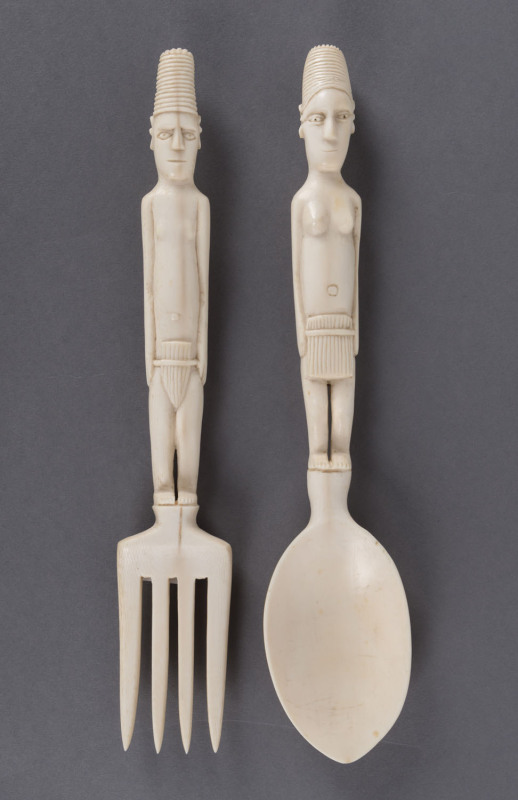 A pair of figural serving utensils, carved ivory, African origin, early 20th century, 26cm high