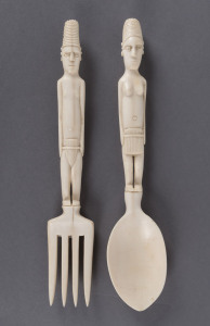 A pair of figural serving utensils, carved ivory, African origin, early 20th century, 26cm high
