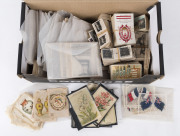 Mostly British cigarette, trade & swap cards in shoebox with part sets incl. Wills c.1908 Australian & British scenes, c.1910 Australian Schools/Colleges Crests & Colours, 1913 Royal Mail (reasonably complete), other themes noted incl. Ancient Egypt, Buil