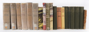 A collection of books including Churchill's "The Second World War" in 6 volumes; Ruskin's "Modern Painters" in 6 volumes; The Minor Poems of John Milton [1816]; and several Ion Idriess books.