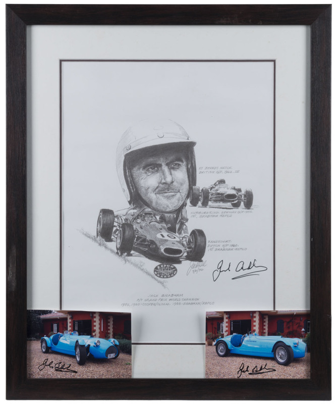 JACK BRABHAM signed lithograph together with two autographed colour photos of his car. Also STERLING MOSS signature on SHELSLEY WALSH HILL CLIMB brochure; plus a framed early motoring display comprising three WW1 period Birmingham drivers licenses and two