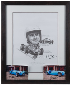 JACK BRABHAM signed lithograph together with two autographed colour photos of his car. Also STERLING MOSS signature on SHELSLEY WALSH HILL CLIMB brochure; plus a framed early motoring display comprising three WW1 period Birmingham drivers licenses and two