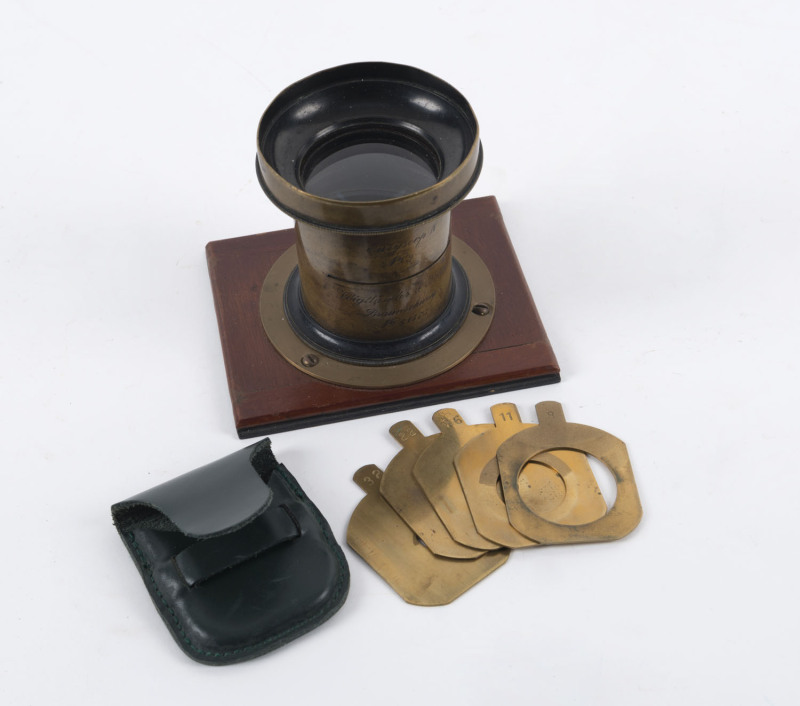 LENS: Voigtlander & Sohn "Euryscop IV No.2 lens No.61473, calculated to 10"/f5.-6, mounted on a lens board; accompanied by 5 Waterhouse stops f8 - f32 in leather pouch.