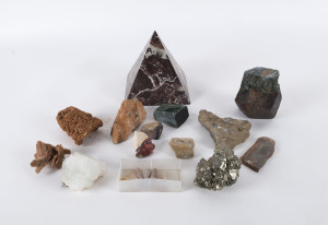 Collection of mineral specimens, crystals and rouge marble pyramid, (19 items), ​the pyramid 17cm high