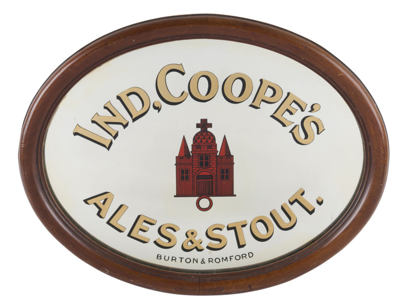 A hotel liquor advertising mirror, "IND, COOPE'S ALES & STOUT", in original frame with embossed title, 42cm x 51cm