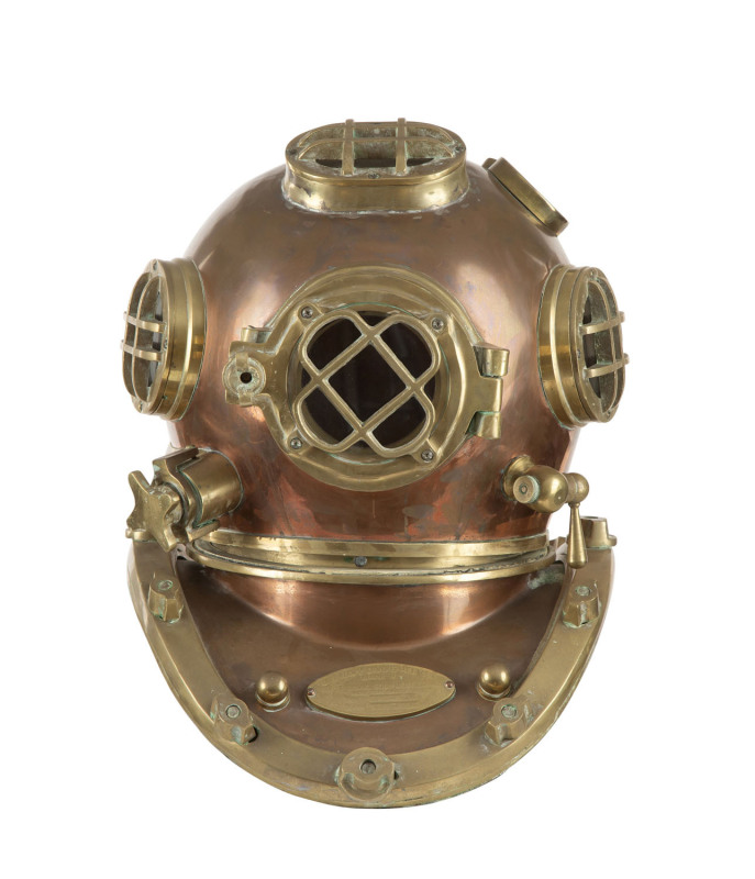 A diver's helmet, copper and brass, 20th century reproduction, ​40cm high