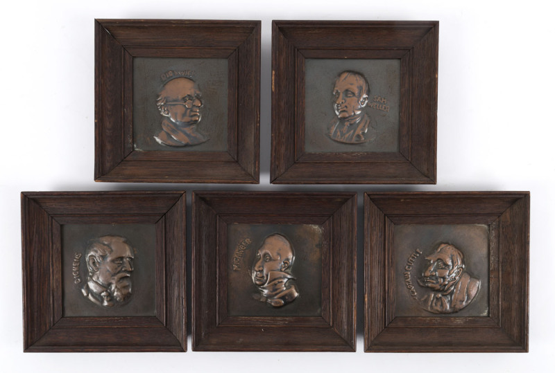 CHARLES DICKENS & HIS CHARACTERS: A series of five embossed copper portraits, in matching English oak frames, all 16 x 16cm. Depicted are Dickens, Micawber, Pickwick, Sam Weller and Captain Cuttle. (5 items).