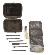 DENTAL EQUIPMENT: 18th Century portable case containing six tiny instruments together with a screw-in bone handle for ease of use, a glass plate and two metal sheets; the hinged case with original hook closure. A remarkable survivor.