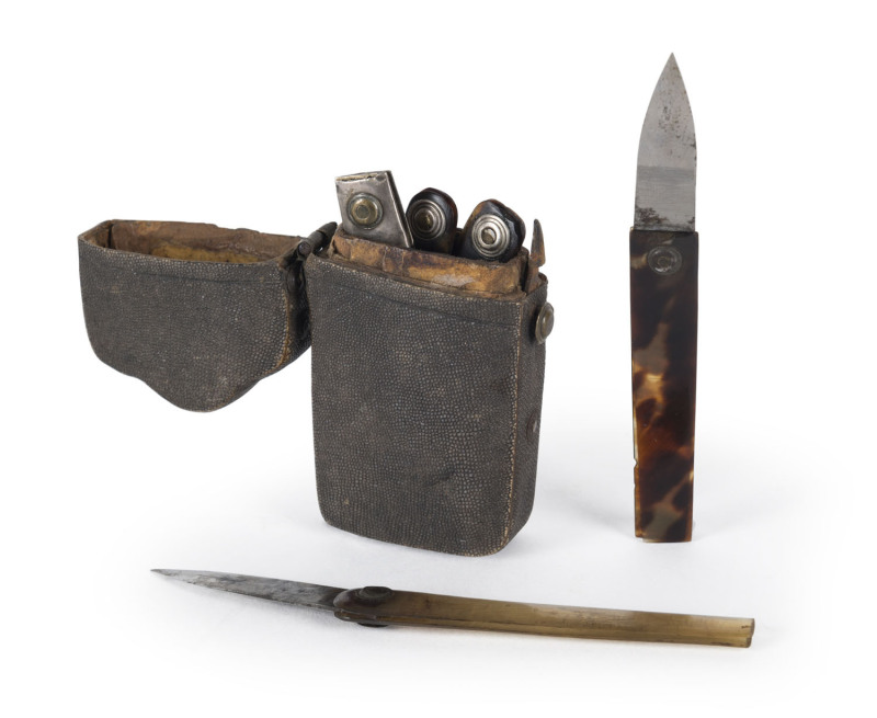 MEDICAL/SURGICAL EQUIPMENT: 18th Century portable shagreen case containing five small extremely sharp surgical knives, each with tortoiseshell protective covers; the hinged case with original closing mechanism. A remarkable survivor.