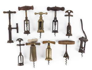 Ten assorted antique corkscrews, brass, iron, horn and timber, 19th century, the largest 20cm high