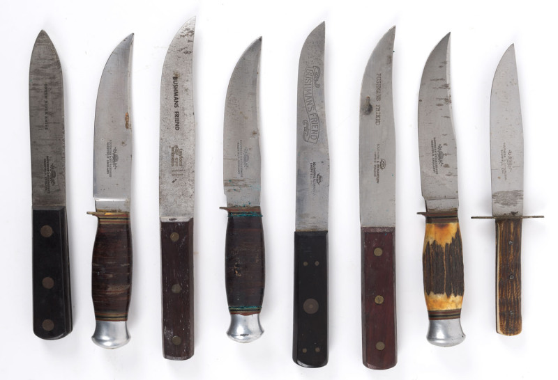 Eight assorted knives including three Bushmans Friend by Southern and Richardson and Taylors' Eye Witness, Green River Knife and four hunting knives by Southern and Richardson, Sheffield, England, 20th century, the largest 25cm long