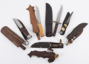 Nine assorted sheathed hunting knives, including WILLIAM RODGERS Bowie knife, Finish MARTTIINI, TAYLORS EYE WITNESS, Bushmans Friend by SOUTHERN and RICHARDSON, and REMINGTON, 19th and 20th century, Bowie knife 25.5cm long