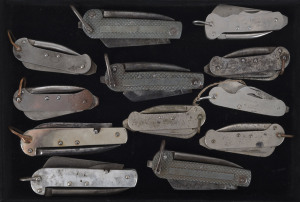 WHITTINGSLOWE WW2 Australian issue knives (3), JOSEPH RODGERS British issue knife, SHELHAM knife and seven assorted military metal folding knives, 20th century, (12 items)