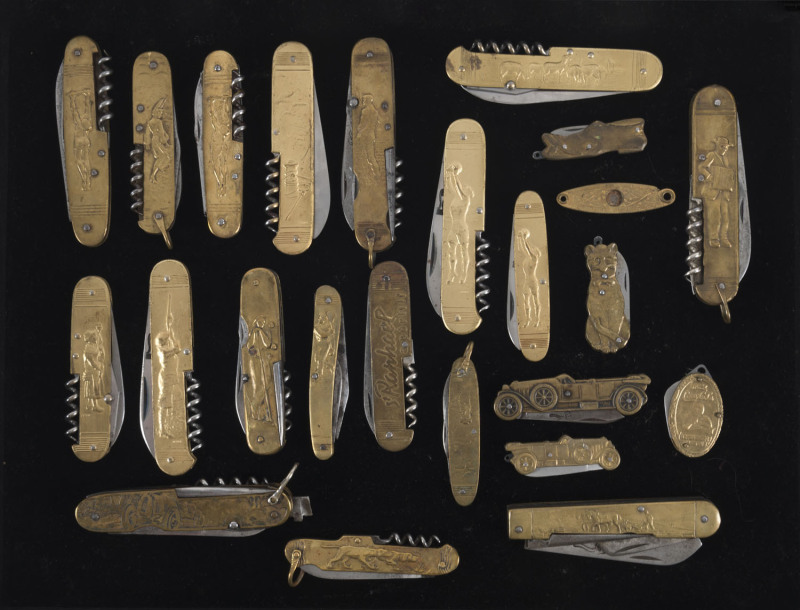 COURSOLLE THIERS and other novelty pocket knives, brass and steel predominantly French, late 19th and 20th century the largest 19cm