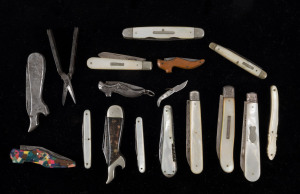 Group of seventeen pocket knives including sterling silver and mother of pearl, novelty boot and shoe shaped knives miniature lock blade knife and miniature pocket scissors, 19th and early 20th century, ​the largest 15.5cm long, the smallest 4cm long