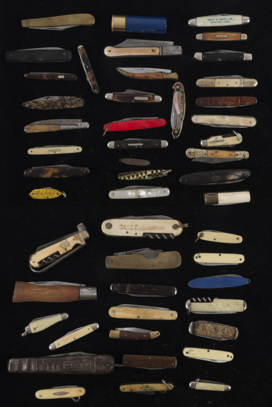Forty nine folding pocket knives including novelty shotgun cartridge, bone handled duck knife, bone and mother of pearl, 19th and 20th century, ​the largest 21.5cm long