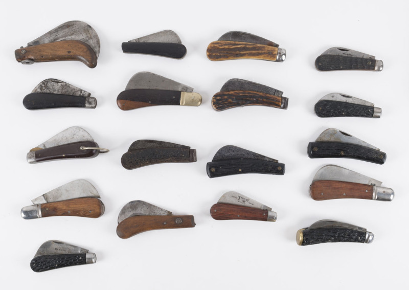 Sixteen assorted pocket knives with horn and timber handles, mostly Sheffield, England, 19th and early 20th century, the largest 21cm long