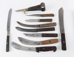 Group of 10 assorted kitchen and farm knives including QUEENSLAND KNIVE, EASY SKINNER and a rare "BRISBANE" knife by CARL ZOELLER, 19th and 20th century, ​the largest 31.5cm long