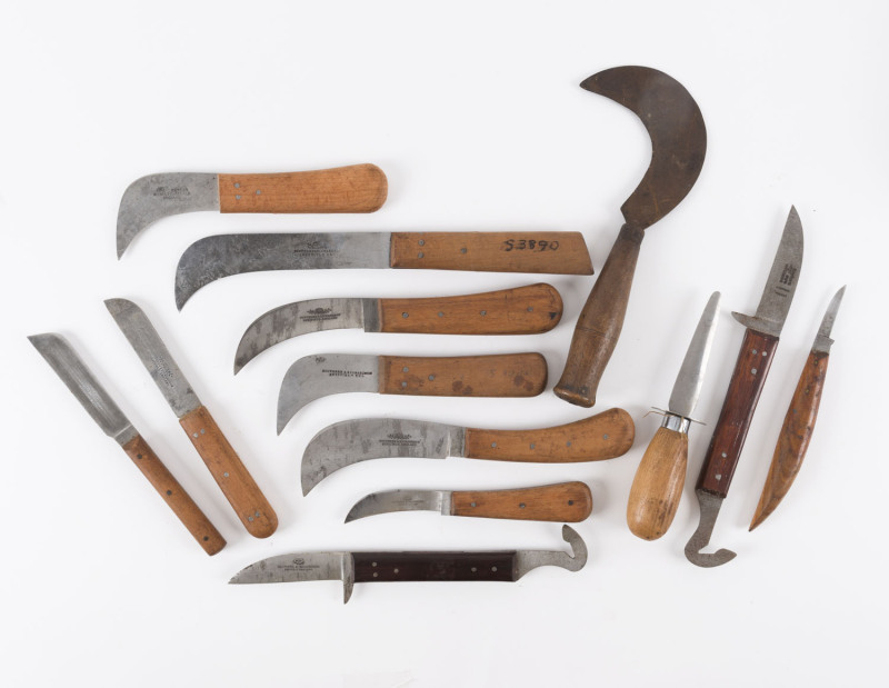 Thirteen assorted agricultural and kitchen knives, mostly TAYLORS EYE WITNESS and SOUTHERN AND RICHARDSON, Sheffield, England, 19th and 20th century, ​the largest 29cm long