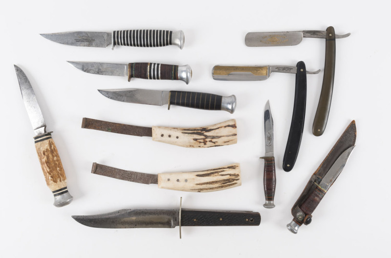 Two SOUTHERN AND RICHARDSON straight razors, two farrier's knives, and seven assorted hunting knives, mostly Sheffield, England, 19th and 20th century, the largest 26cm long