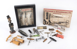 Remains of collection including corkscrews, knive displays, scissors, pocket knives etc, (80+ items).