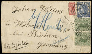 1884 (Mar.11) cover to Germany with 6d Ultramarine, 1d Green pair + ½d rose-red all tied by BARMAH BN "947", endorsed "via Brindisi". With Echuca (11.3.), Melb. (12.3.) and Roseburg (22.4.) b/stamps. NB: 8½d correct rate via Brindisi.