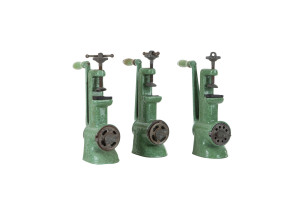 Three HARPER meat grinders in green enamel finish, England, circa 1930, ​28cm high