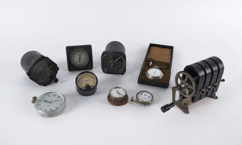 Gauges, clocks and instruments including JAEGER car clock and two aviation altitude gauges, 20th century, Jaeger clock 9.5cm high