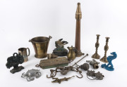 Collection of brass ware, silver plated ware, fire hose nozzle, scales, , taps, handles etc, 19th and 20th century, hose nozzle 56cm long